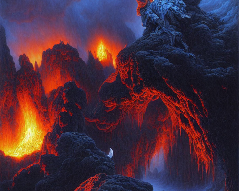 Volcanic landscape with lava rivers, glowing magma, and robed figure.