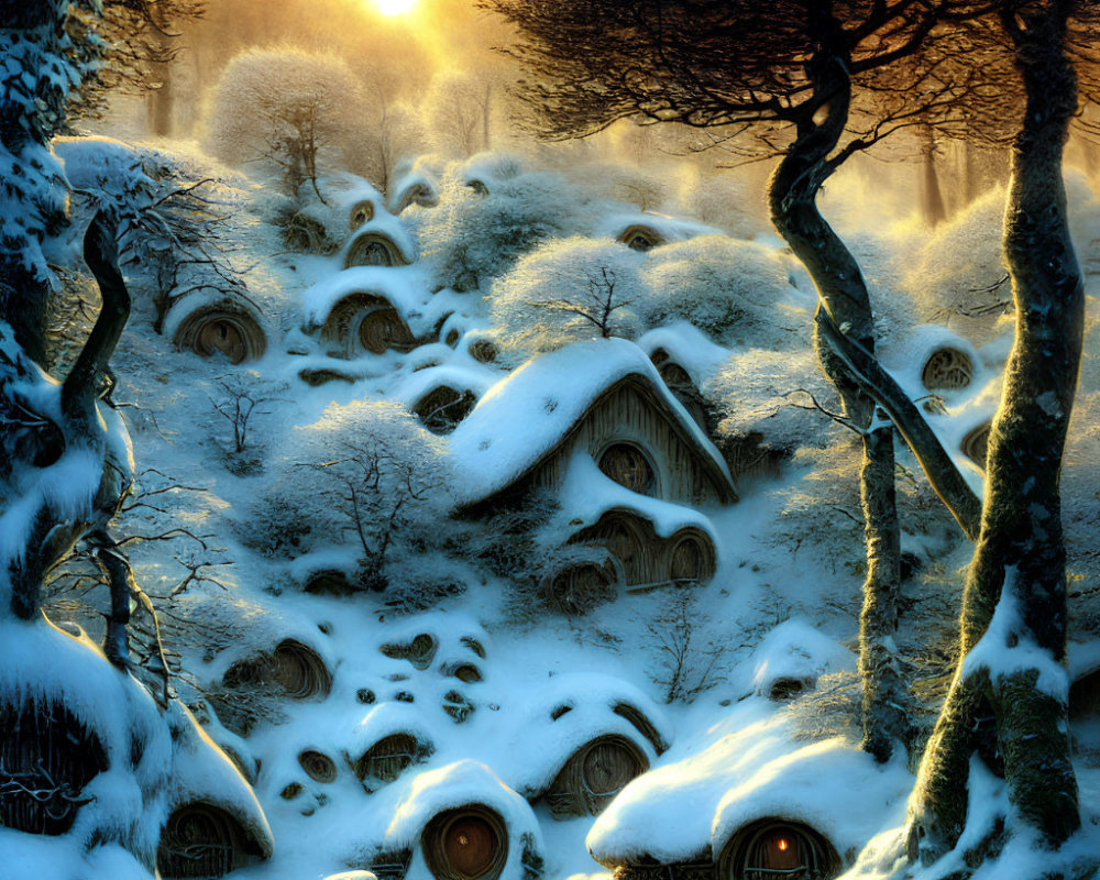 Snow-covered hobbit-like houses in a fantasy winter scene