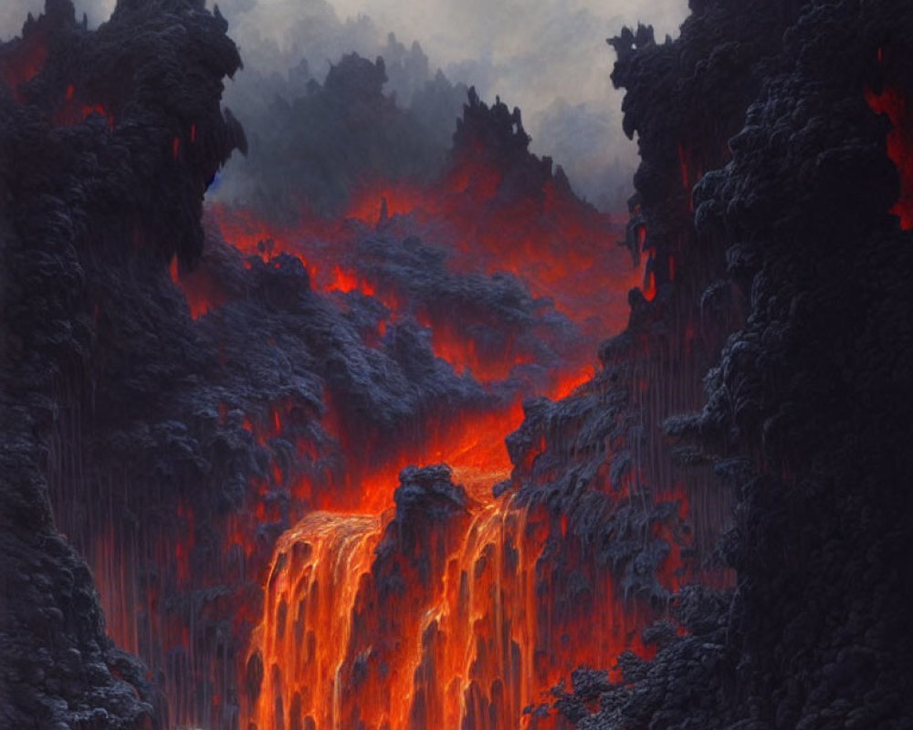 Volcanic landscape with lava waterfalls and dark cliffs