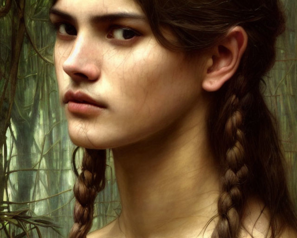 Young woman with braided hair and intense gaze in lush foliage portrait.