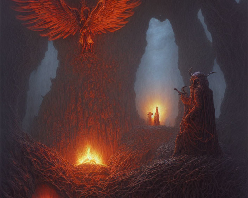 Fantastical cave scene with fiery phoenix, cloaked figure, and fire.