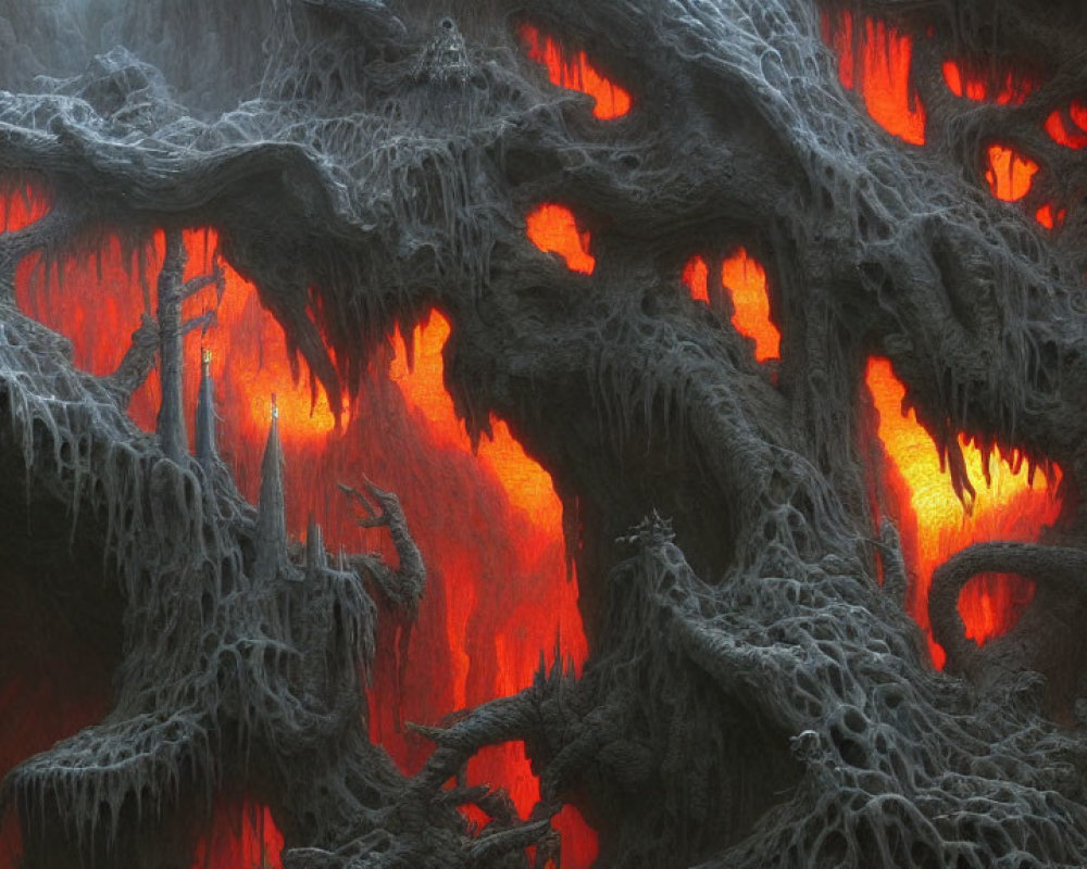 Fantastical cave with glowing red lava and eerie tree-like structures