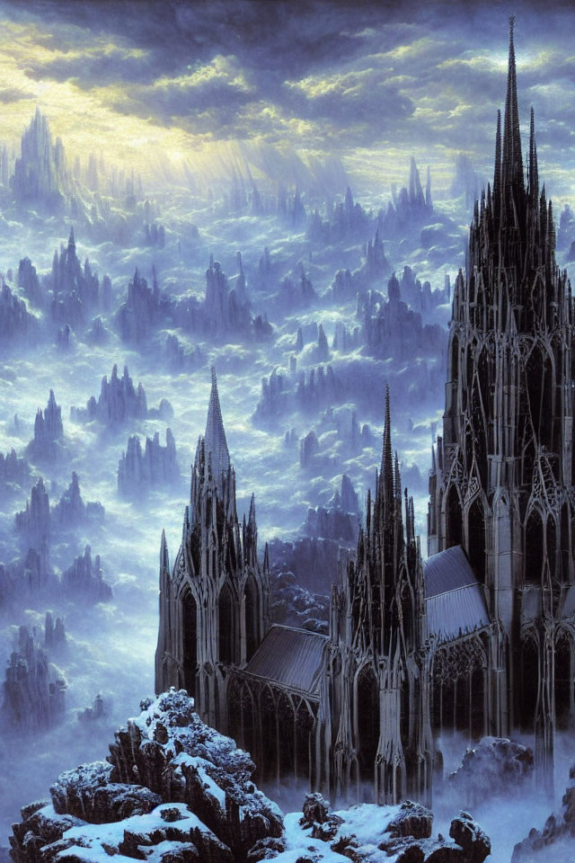 Mystical gothic cathedral in icy landscape under yellow-tinged sky