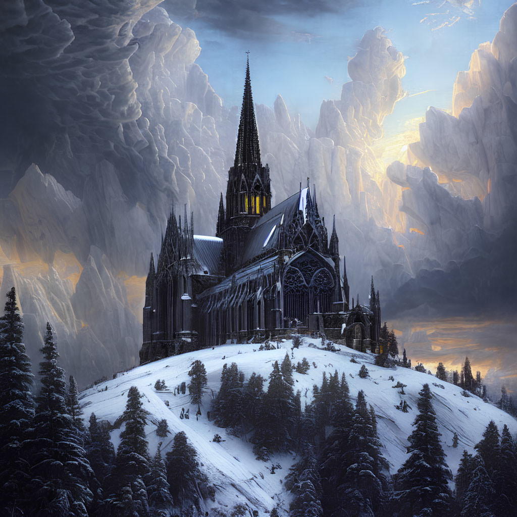 Gothic cathedral on snowy hill, pine trees, dramatic sky.