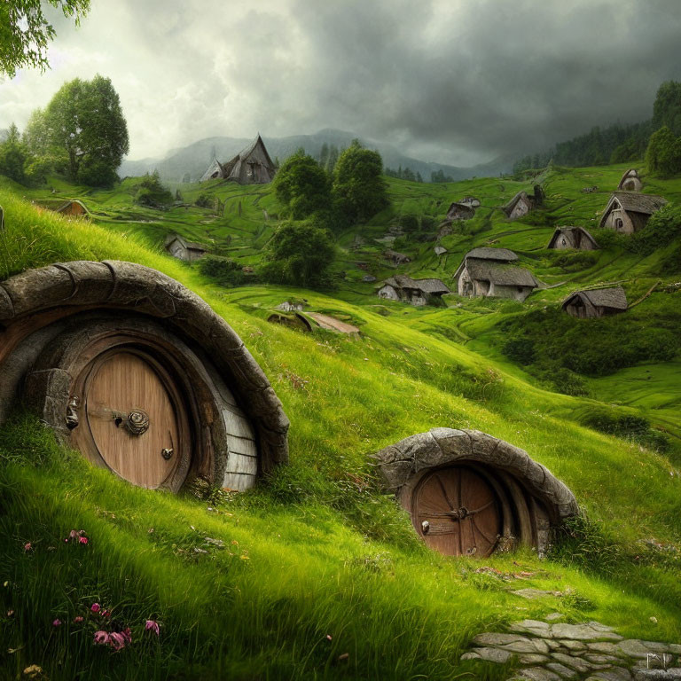 Lush green hills with grass-covered hobbit homes and round doors