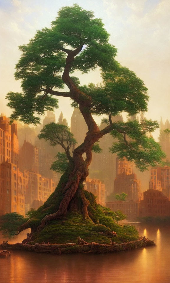 Majestic tree on small island with cityscape at sunset or sunrise