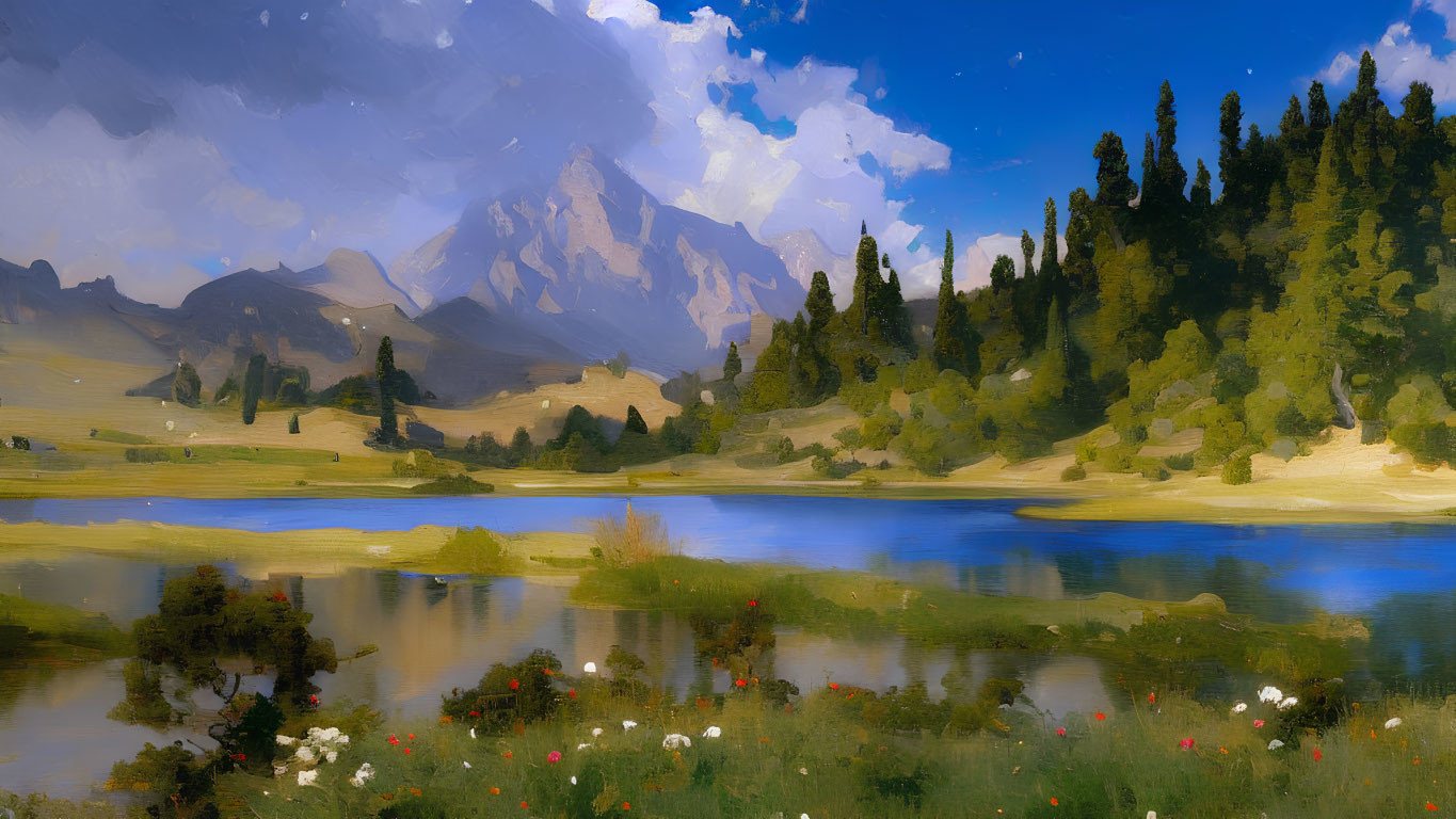 Tranquil landscape painting with trees, lake, wildflowers, and mountains