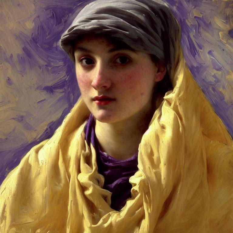 Young woman in yellow shawl and grey headscarf against purple background