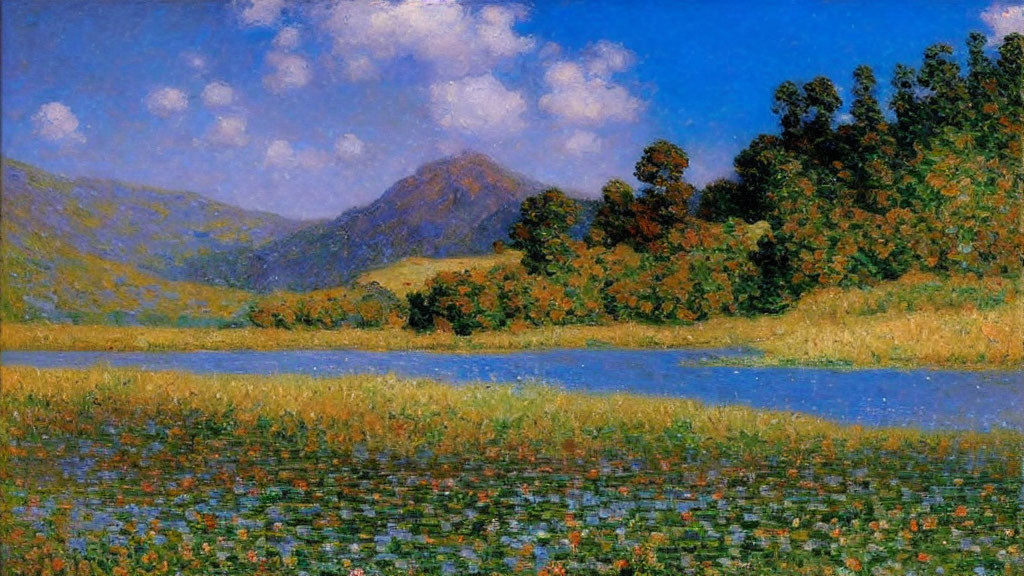 Tranquil lake with lily pads, trees, and mountain scenery