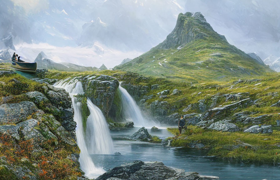 Scenic landscape with waterfall, fishing person, boat, and mountain peak