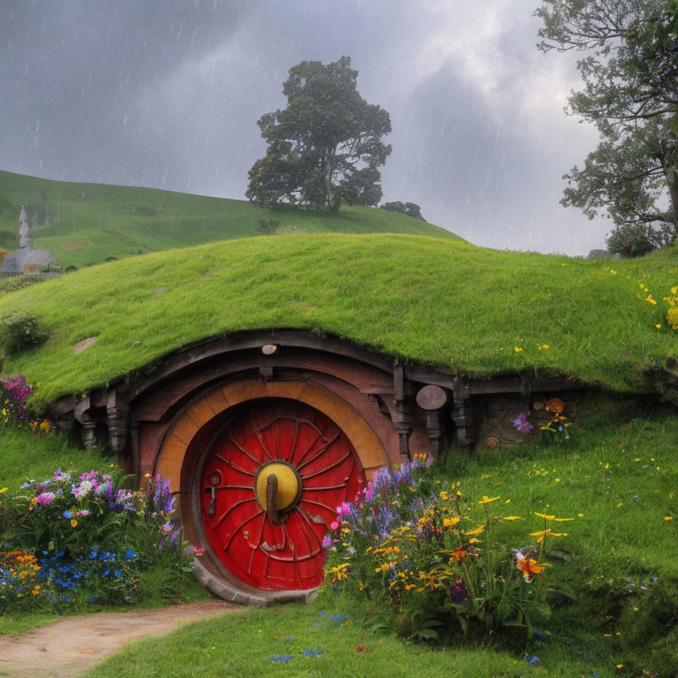 Quaint hobbit-style house with red door in grassy knoll under rainy sky