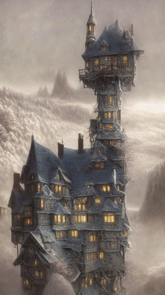 Fantasy tower with gabled roofs in snowy landscape