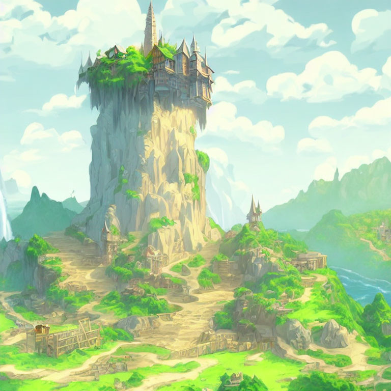 Fantastical landscape with towering rock pillar and ancient castle nestled in lush greenery