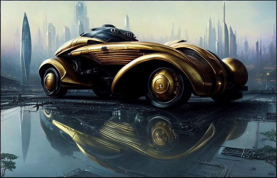 Futuristic golden car on reflective surface with sci-fi cityscape backdrop