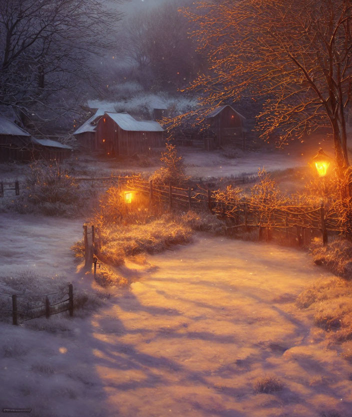 Snow-covered winter scene with lanterns, leafless trees, and rustic buildings at dusk