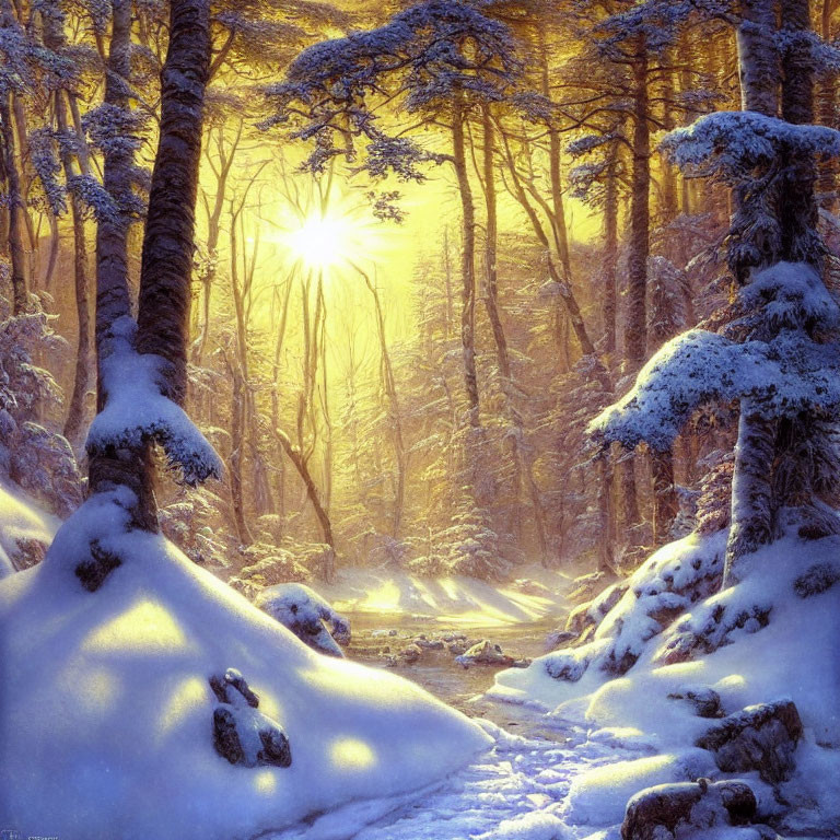 Snow-covered winter forest with sunbeams and stream