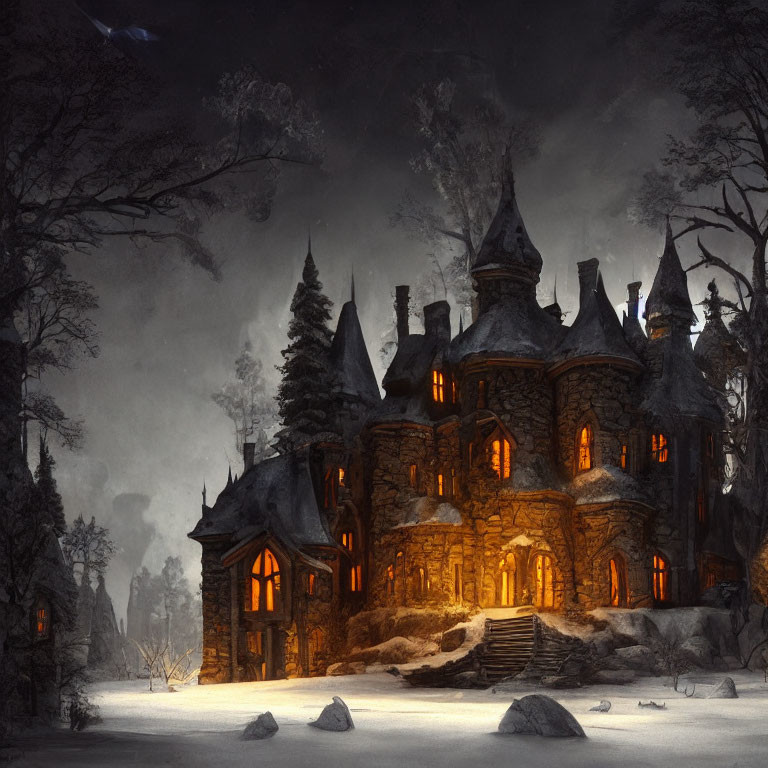 Gothic-style mansion in snowy night with bare trees