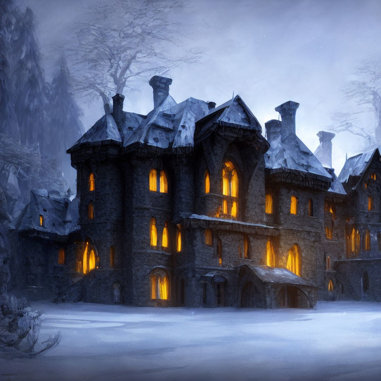 Gothic mansion in snowy twilight with warmly lit windows