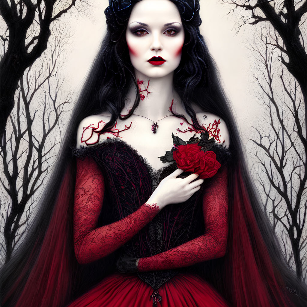 Pale woman in red gown with black hair holding red rose in eerie forest