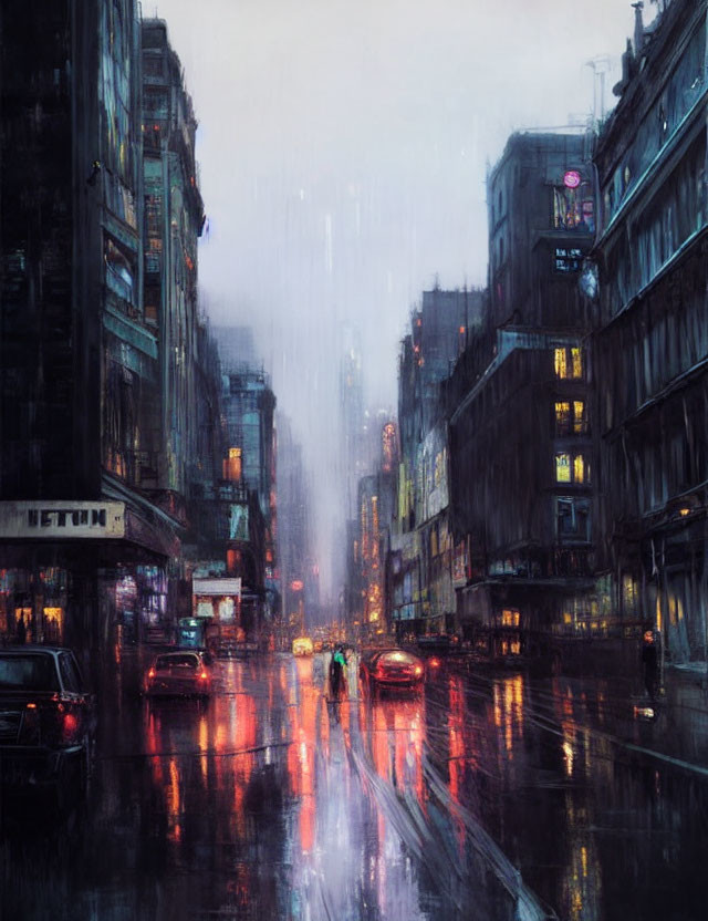 Rainy Dusk Cityscape with Wet Roads and Illuminated Buildings