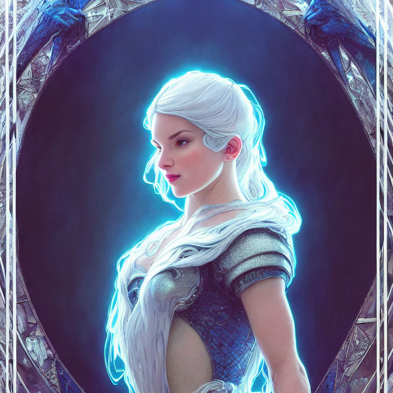 Fantasy female character with white hair and blue armor in oval border.