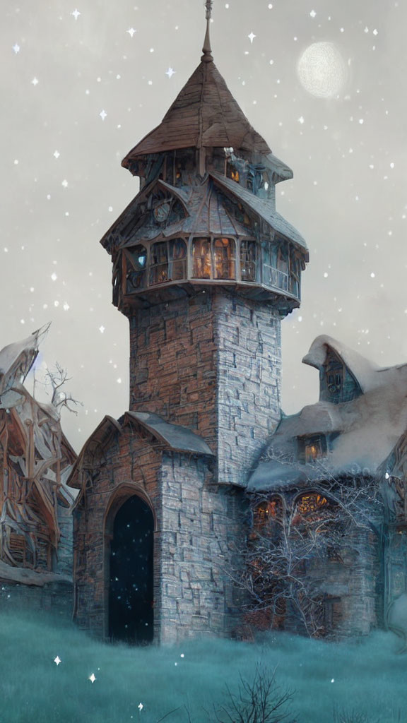 Snow-covered stone tower and glowing windows under night sky next to dark building.