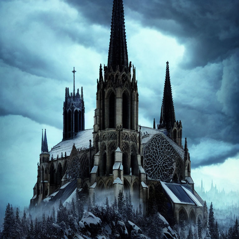 Gothic Cathedral in Winter Landscape under Dark Blue Sky