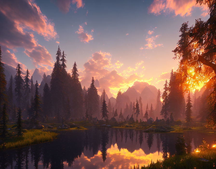 Tranquil forest landscape at sunset with golden hues and mountains.