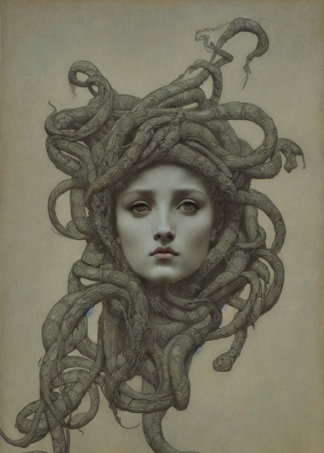 Surreal portrait of person with serpentine hair, reminiscent of Medusa, exuding eth