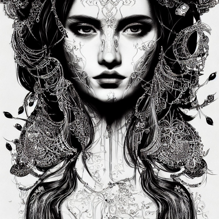 Monochrome illustration of woman with lace patterns and jewelry