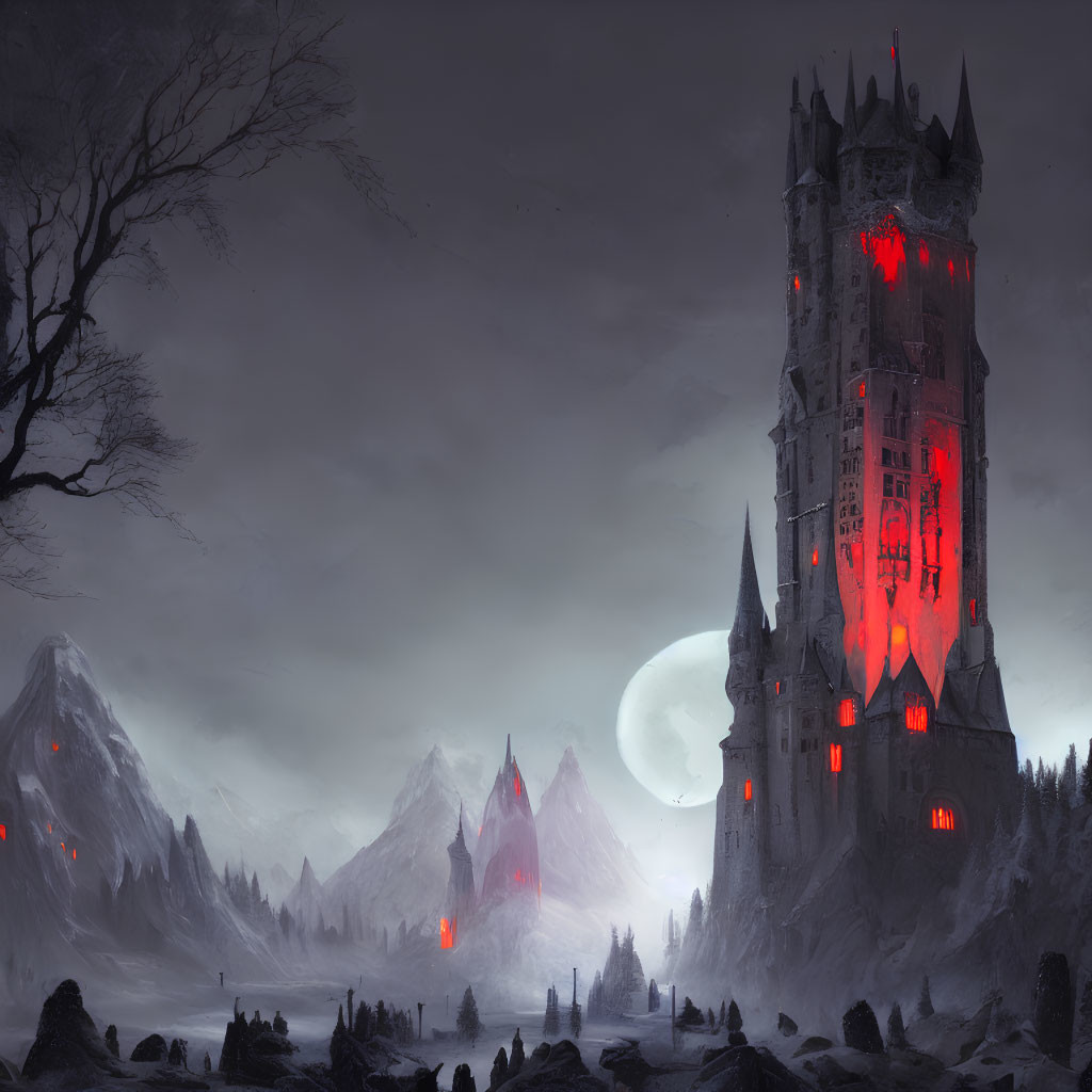 Gothic castle under red lights in snowy mountains and full moon