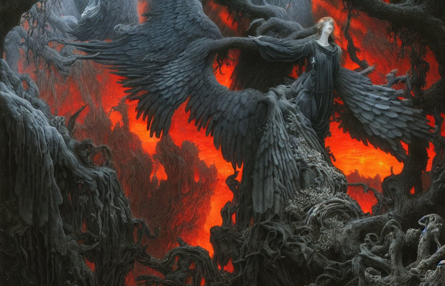 Winged woman in dark, fiery landscape among gnarled trees