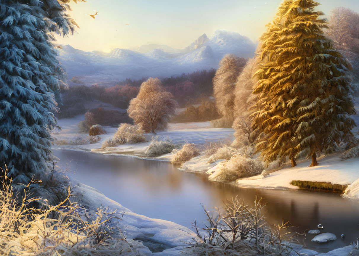 Snow-covered trees, gentle river, sunrise glow, distant mountains - serene winter landscape