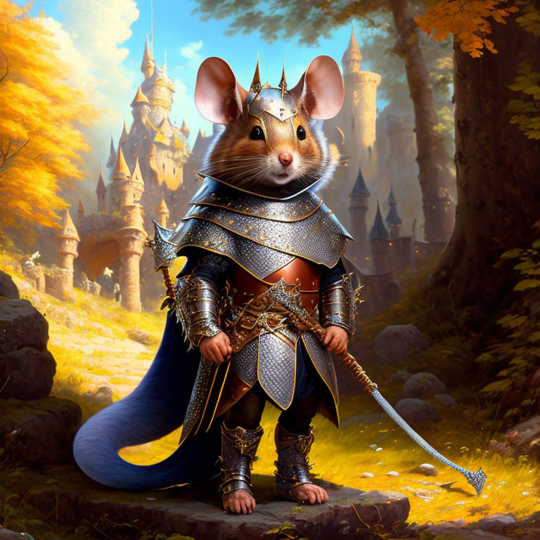 Anthropomorphic Mouse Knight in Armor in Forest with Castle