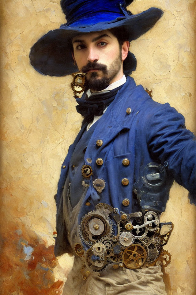 Steampunk-themed man in blue attire with gears and cogs poses confidently