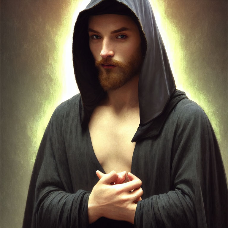 Bearded man in hooded cloak with clasped hands in warm glow