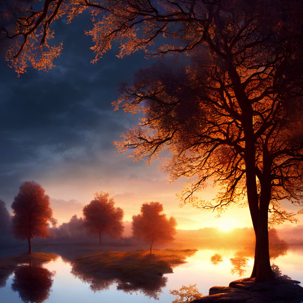 Tranquil lake at sunset with golden hues and silhouetted trees