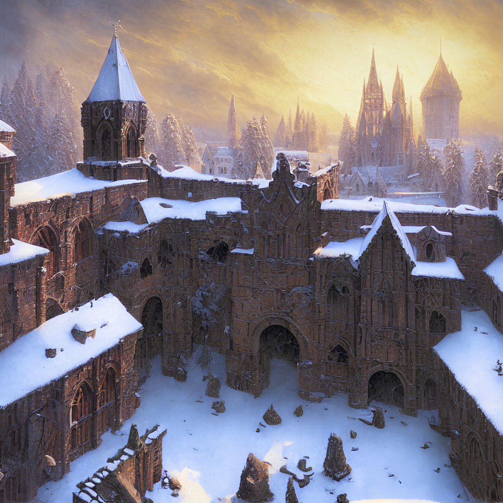 Snow-covered medieval village with historic stone buildings and church in warm sunlight