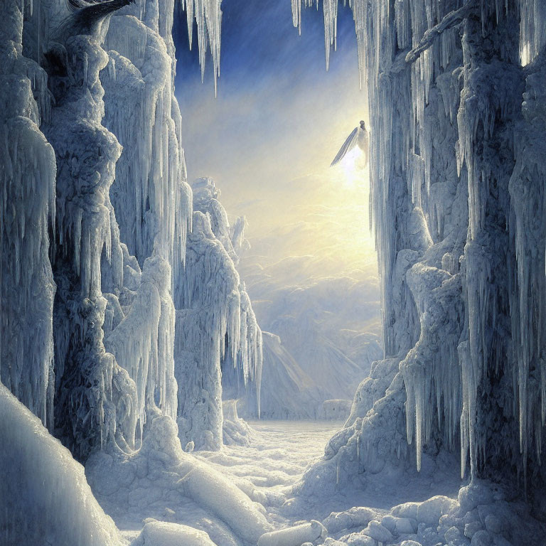 Surreal icy landscape with towering icicles and a solitary figure in white