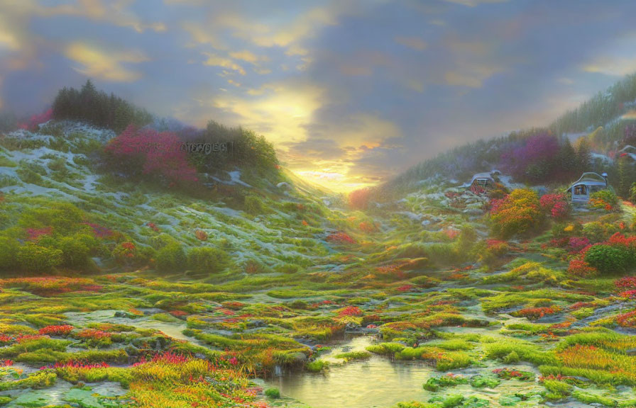 Tranquil sunrise landscape with brook, flowers, greenery, and houses