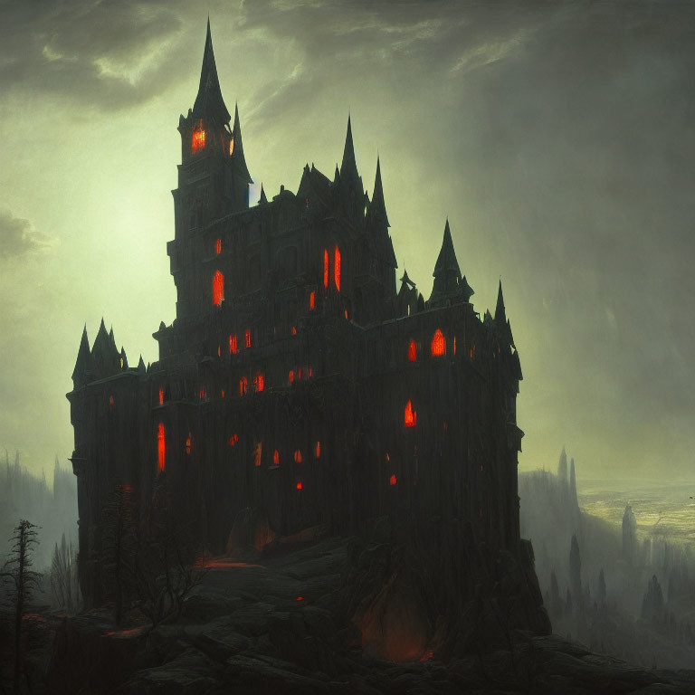 Gloomy castle on craggy hill under red-glowing windows