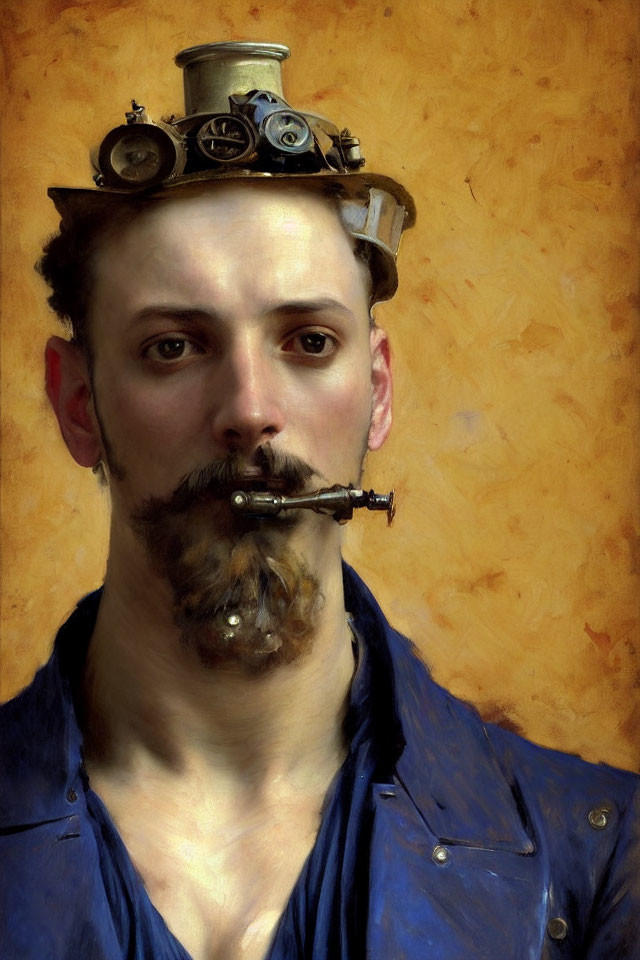 Steampunk-themed man portrait with top hat, goggles, gears, clock, and pipe on och