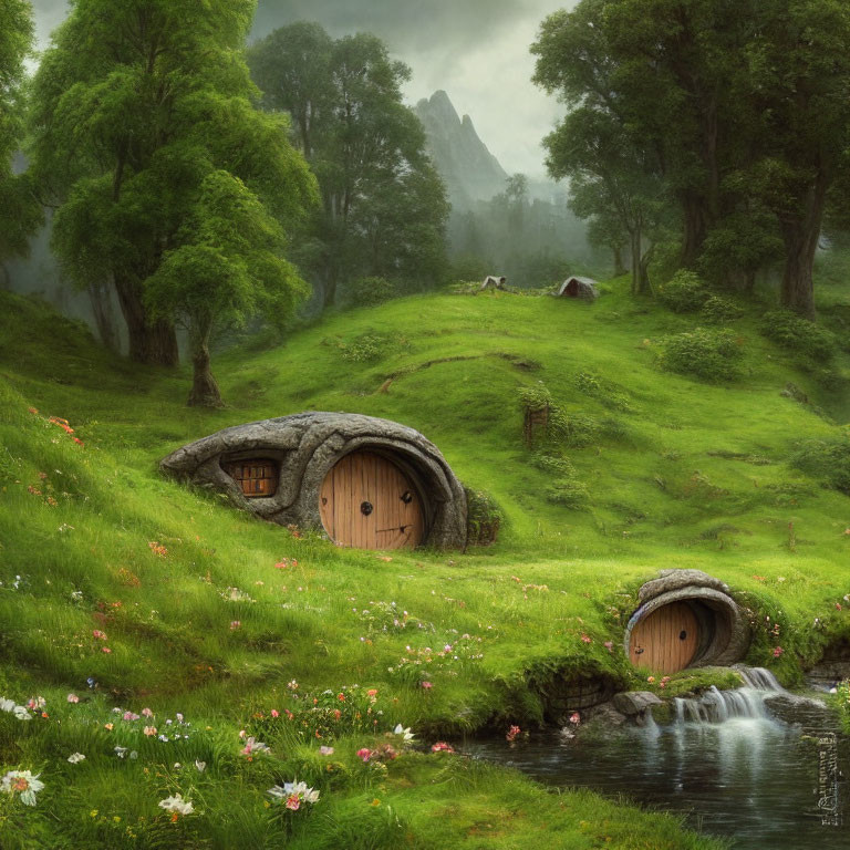 Fantasy landscape with hobbit-style houses, stream, flowers, and misty mountains