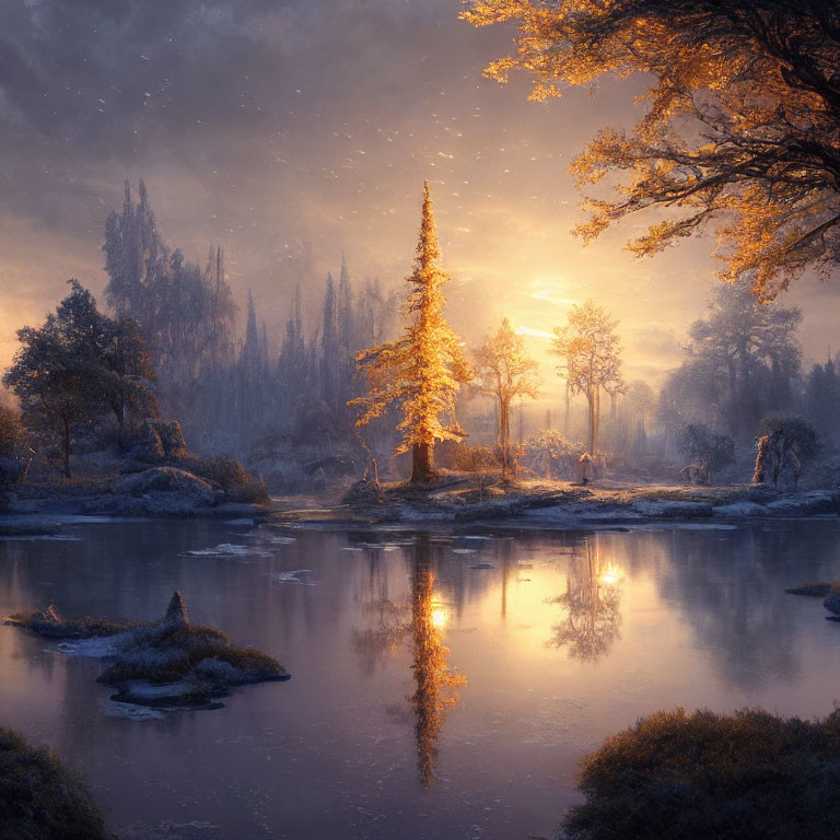 Tranquil Lake in Enchanted Forest at Sunrise