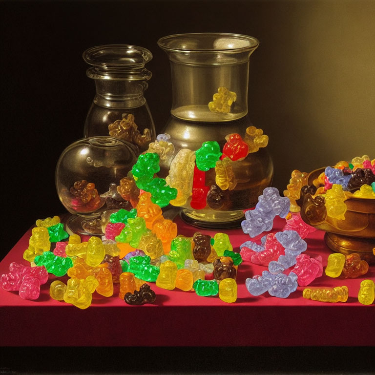 Vibrant gummy bears on table with containers on dark background