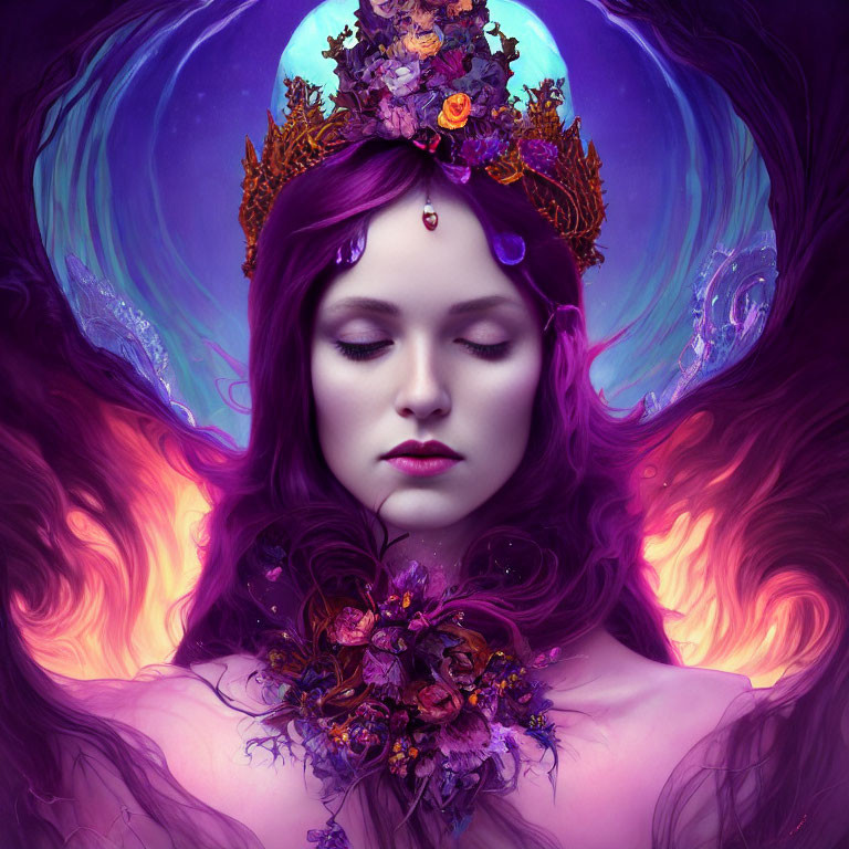 Purple-haired woman in crown and ornate neckpiece against mystical fiery backdrop with glowing orb