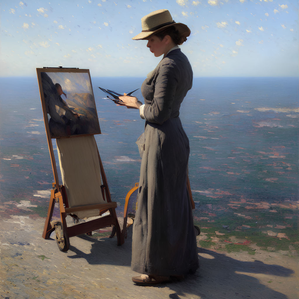 Woman in vintage dress painting on easel in countryside landscape