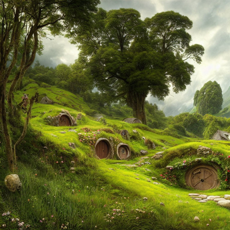 Idyllic hobbit-hole dwellings in lush green landscape