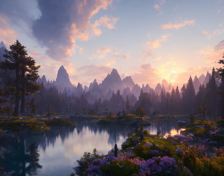 Tranquil twilight landscape with reflective lake, lush trees, wildflowers, mountains, pastel sky