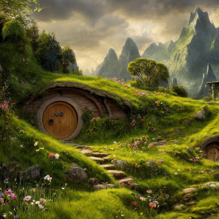 Peaceful hobbit homes in lush valley with mountains